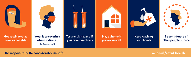 health campaign 6 key messages: Get vaccinate as soon as possible. Wear face coverings where indicated (unless exempt). Test regularly, and if you have symptoms stay at home if you're unwell. Keep washing your hands. Be considerate of other people's space